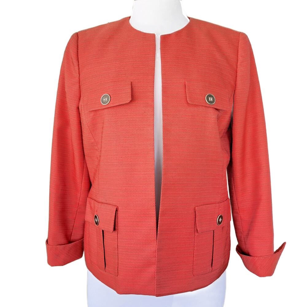 KASPER Orange Open Front Jacket Collarless Blazer Size 10 Petite